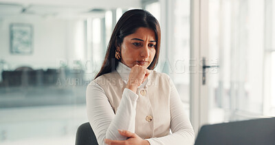 Buy stock photo Thinking, laptop and business woman in office for investment decision, brainstorming and problem solving. Professional, finance consultant and person with solution, planning and insight for proposal