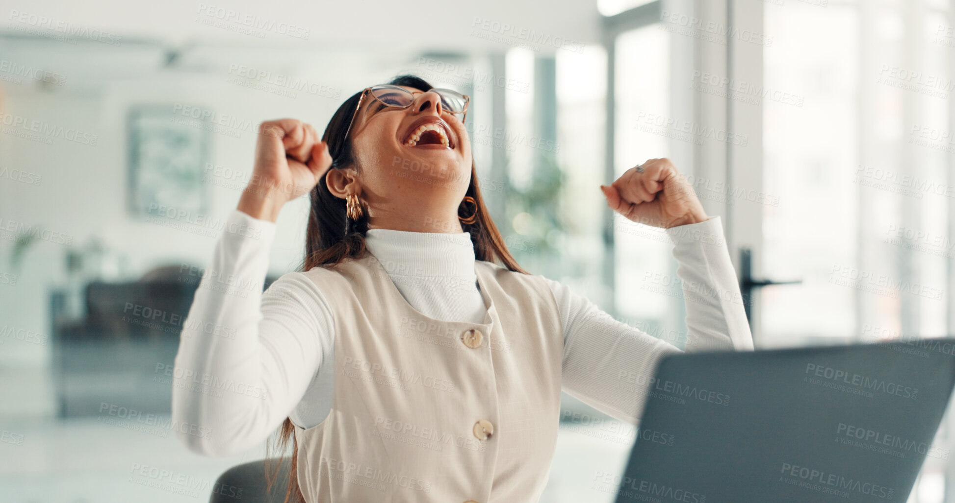 Buy stock photo Happy woman, winning and good news with laptop for promotion, prize or bonus in office. Excited, female person or employee with fist pump, smile or computer for salary increase or business success