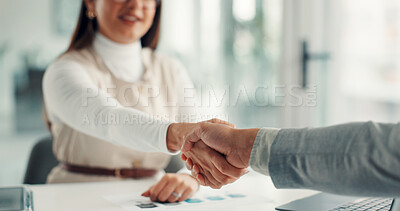 Buy stock photo Office, interviewer and shaking hands with person, hiring and happy for job vacancy and recruitment. Business, HR manager and handshake with candidate for agreement, onboarding and opportunity