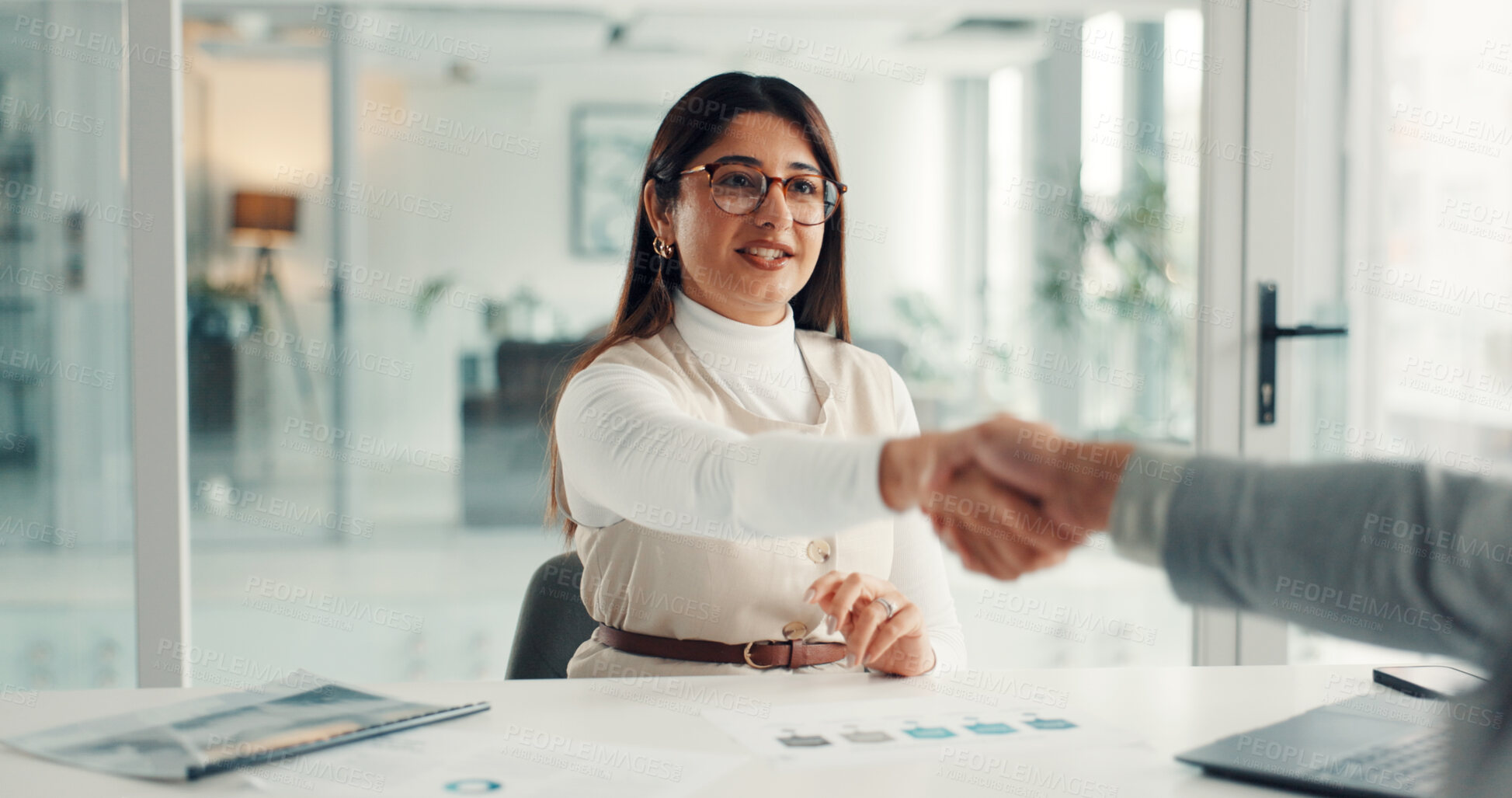 Buy stock photo Woman, handshake and happy for deal at startup with b2b collaboration, thanks and success at office meeting. Business people, shaking hands or smile for agreement, contract or project at media agency