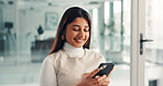 Phone, smile and businesswoman in office with networking, communication or email on mobile app. Happy, technology and female person with cellphone for contact, texting or research online in workplace