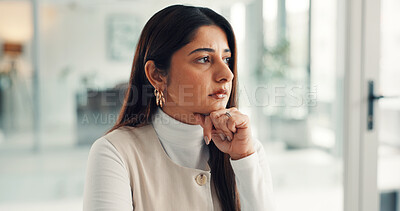 Buy stock photo Thinking, professional and business woman in office for investment decision, brainstorming and problem solving. Idea, finance consultant and person with solution, planning and insight for proposal