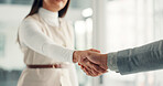 Shaking hands, recruitment or deal with welcome at office, thanks and success with hiring at company. Business people, HR manager and handshake with onboarding, interview or congratulations at agency