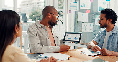 Buy stock photo Tablet, meeting and business people with charts, kpi research and data analysis in office. Teamwork, startup and workers on digital tech screen with graph, statistics or seo report for website growth