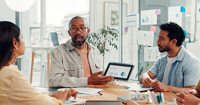 Buy stock photo Tablet, meeting and business people with statistics, kpi research and data analysis in office. Teamwork, startup agency and workers on digital tech with graph, chart and seo report for website growth
