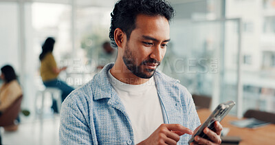 Buy stock photo Business, cellphone and man in office, internet and sales agency with connection. Person, employee and consultant in workplace, smartphone and subscription for company website, social media and email