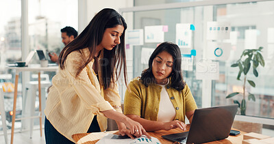 Buy stock photo Laptop, meeting and business women with documents for research, finance report or profit growth. Office, team and people on computer with paperwork, graph and chart for budget, analysis or statistics