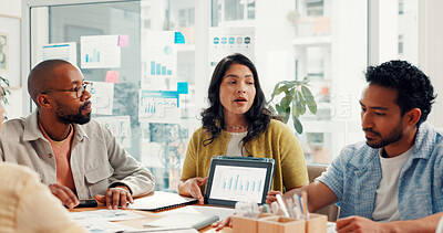 Buy stock photo Tablet, meeting and business people with research, kpi report and data analysis in office. Team, startup and workers on digital tech with graph, statistics and seo review for website growth on screen