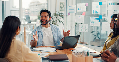 Buy stock photo Business, people or meeting with laptop in office for campaign success, positive feedback or update. Digital marketing, manager and happy with team for KPI statistics, brand performance and good news