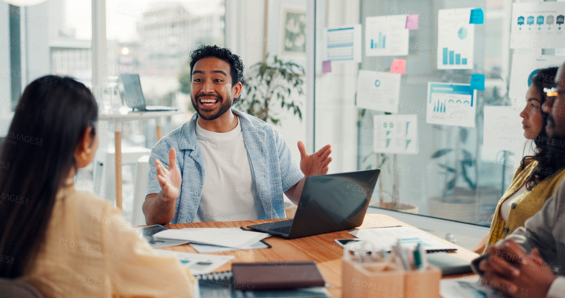 Buy stock photo Business, people or meeting with laptop in office for campaign success, positive feedback or update. Digital marketing, manager and happy with team for KPI statistics, brand performance and good news