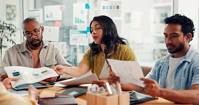 Buy stock photo Business, meeting and team with documents in office for campaign oversight, KPI data or planning. Marketing manager, people or SEO graphs or track user behavior, competitor analysis or brand strategy