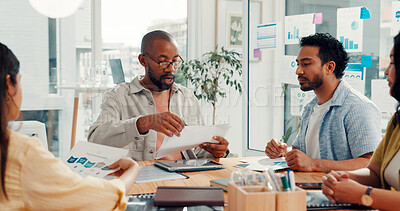 Buy stock photo Business, meeting or team with paperwork in office for industry trends, campaign review or planning. Marketing agency, people and KPI graphs for website traffic, brand strategy or project management