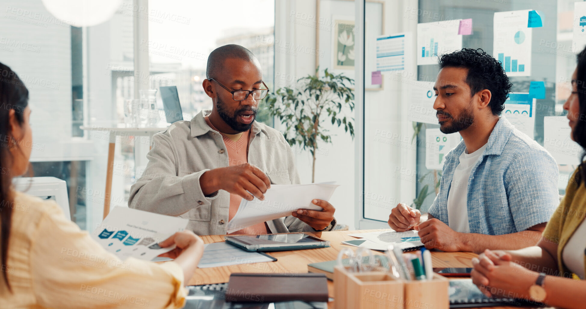 Buy stock photo Business, meeting or team with paperwork in office for industry trends, campaign review or planning. Marketing agency, people and KPI graphs for website traffic, brand strategy or project management