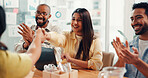 Woman, handshake and applause with team at startup, goal or celebration for success at office. People, group and excited with agreement, shaking hands and collaboration with deal at digital agency
