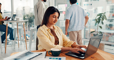 Buy stock photo Business, laptop and woman in office, typing and sales agency with marketing design. Person, employee and consultant in workplace, pc and research with subscription for company website, app and email