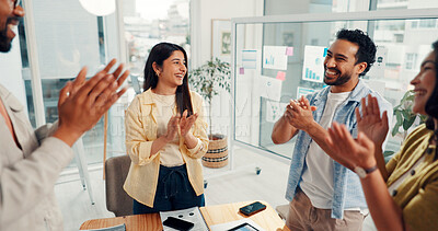 Buy stock photo People, team and celebration with applause at startup for goals, excited and success at digital agency. Men, women and group with clapping, achievement or motivation with statistics at office meeting