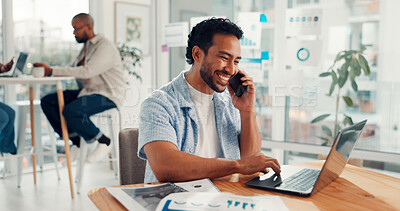 Buy stock photo Media agency, phone call and man with laptop, smile and subscription for magazine sales. Charts, employee or consultant with pc, funny or cellphone with online interview, internet or communication
