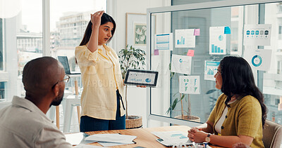 Buy stock photo Tablet screen, meeting and woman with business people with graph, kpi research and data analysis. Presentation, startup team and workers with tech, charts and website review for digital marketing