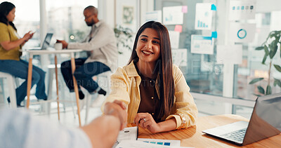 Buy stock photo Handshake, agreement and businesswoman in office with greeting, deal or partnership in meeting. Happy, contract and female hr manager shaking hands with employee for performance review in workplace. 