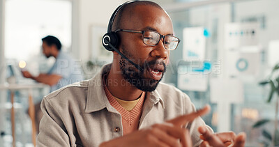 Buy stock photo Telemarketing, consultant and man with headset, call center and explaining offer to contact and talk. Customer service, agent and person with technology for communication, lead generation and sales