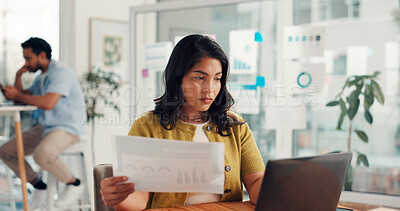 Buy stock photo Laptop, business woman or document in office for campaign oversight, KPI data or coworking. Marketing manager, tech or SEO graphs for tracking user behavior, project management or competitor analysis