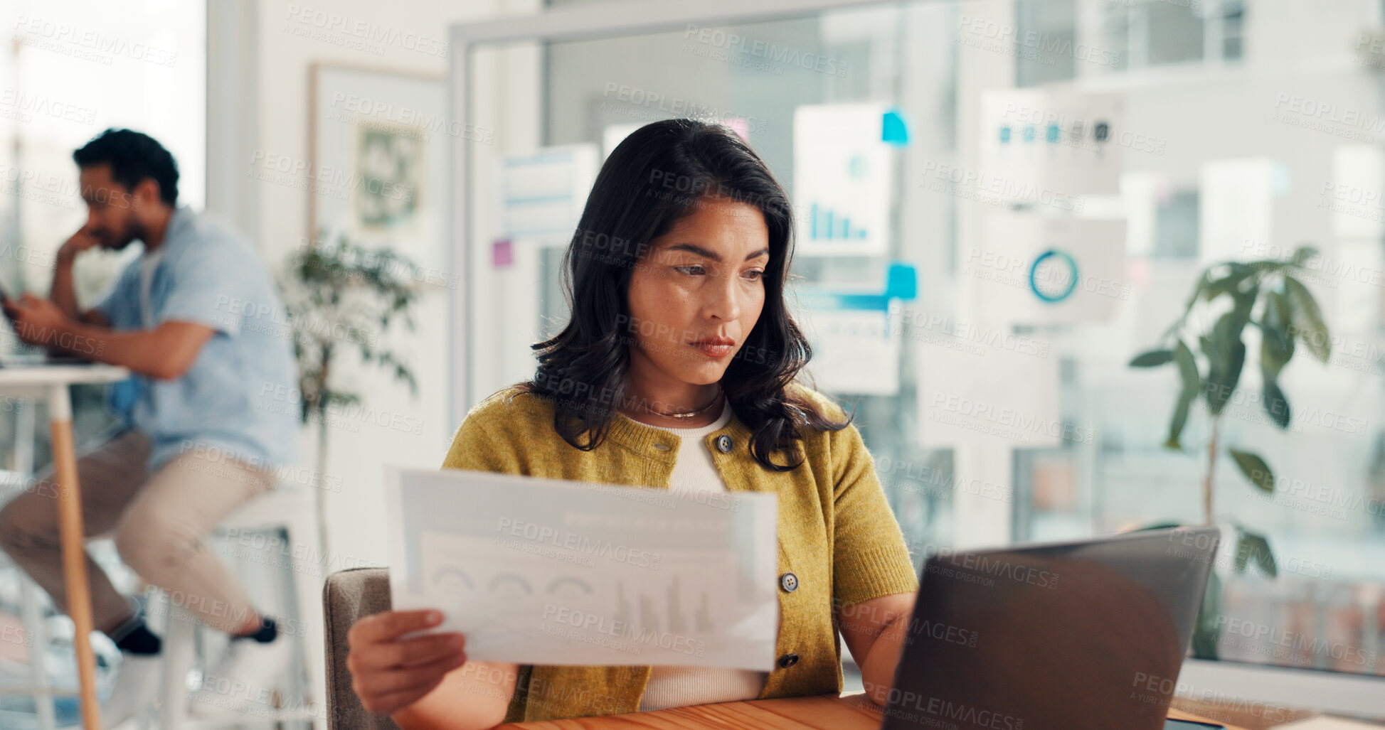 Buy stock photo Laptop, business woman or document in office for campaign oversight, KPI data or coworking. Marketing manager, tech or SEO graphs for tracking user behavior, project management or competitor analysis