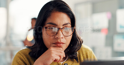 Buy stock photo Creative, thinking and woman with laptop, office and planning for ebook on website and proofreading. Writer, review and person with glasses for tech, reflection and editing novel for publication