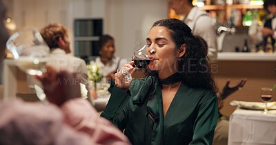 Buy stock photo Couple, date and drink in restaurant with wine for love, romance or anniversary celebration. Hospitality, alcohol and connection with man, happy woman and beverage with dinner together and bonding