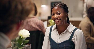 Buy stock photo Couple, date and smile in restaurant with love for romance, anniversary celebration and care. Hospitality, conversation and connection with man, woman and together with dinner discussion and bonding