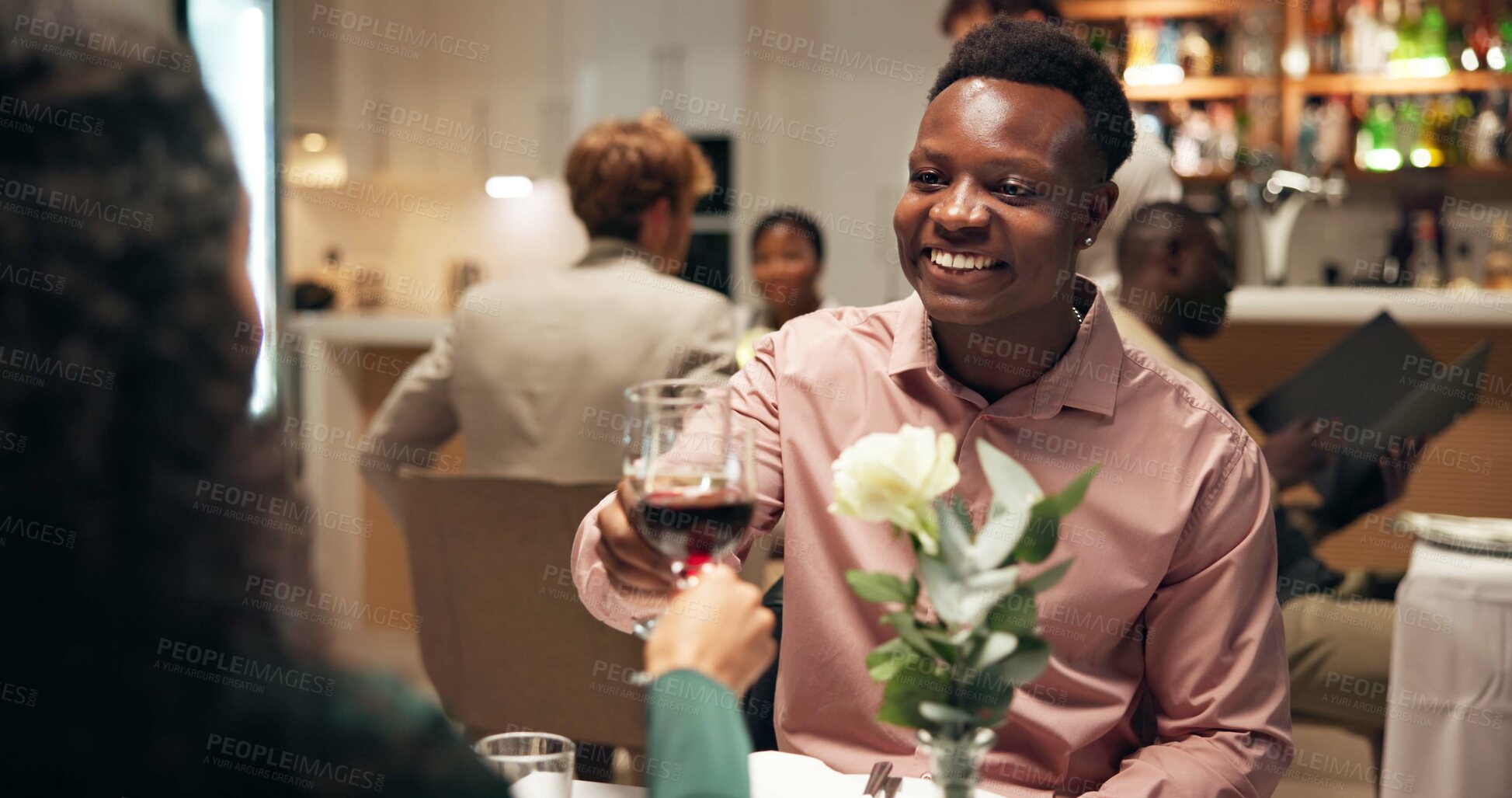 Buy stock photo Couple, date and cheers in restaurant with wine for romance, anniversary celebration and love. Hospitality, conversation and happiness with man, woman and toast with alcohol beverage and bonding