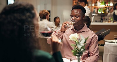 Buy stock photo Couple, date and drinks in restaurant with wine for romance, anniversary celebration and love. Hospitality, happiness and beverage with man, woman and together with dinner for support and bonding
