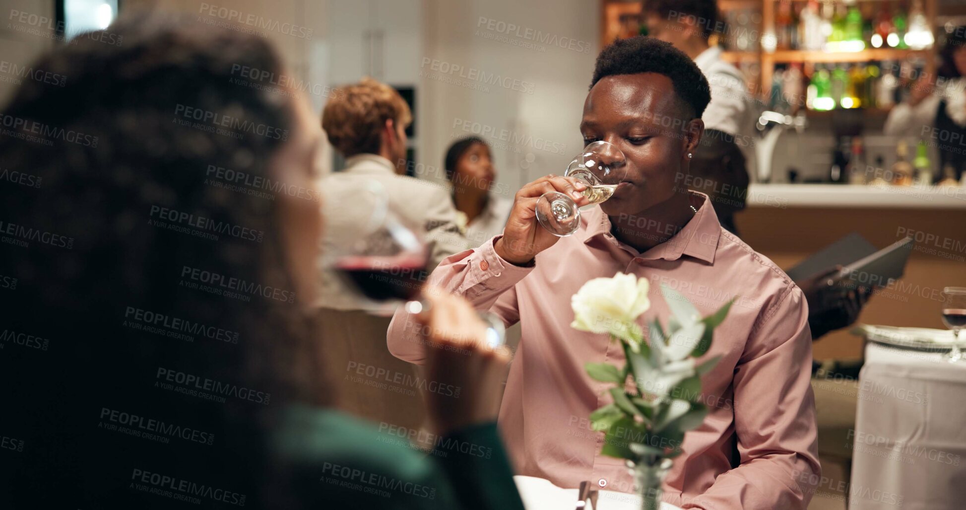 Buy stock photo Couple, date and drinks in restaurant with wine for romance, anniversary celebration and love. Hospitality, happiness and beverage with man, woman and together with dinner for support and bonding