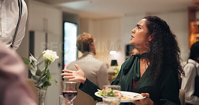 Buy stock photo Complain, food and unhappy woman in restaurant for hospitality or service disappointment. Anger, frustration and mistake of waiter with annoyed customer in fine dining establishment for order error