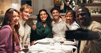 Buy stock photo Friends, selfie and happy with dinner at restaurant, hug and drinks at reunion with post on social media. People, smile and excited at party, embrace or photography for memory with group at diner