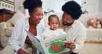 Happy, black family and dinosaur book with child in home for story, bonding or childhood development. Mom, dad and reading with toddler, kids novel or smile for learning or fantasy together in house