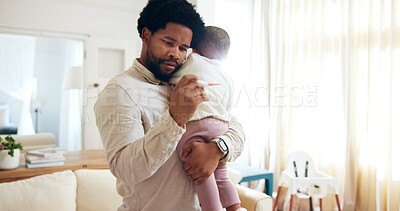 Buy stock photo Black dad, child and fever with thermometer in home for flu symptoms, illness or disease. Father, kid or sick toddler with concern, worry or checking temperature for allergy, virus or healthcare
