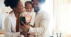 Smile, black family and selfie with baby at house for photography, social media post and bonding. Happy, parents and profile picture update with kid, memory together and wellness of child development