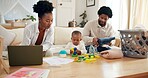 Laptop, laundry basket and toys with black family in living room of home for daily routine. Chores, playing or remote work with baby, mother and father in apartment for child development or cleaning