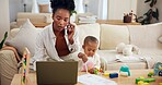Phone call, toddler or mother with laptop for remote work,  transaction confirmation or account management. Bookkeeping, parenthood or woman with girl to check statement, drawing or tech for payroll