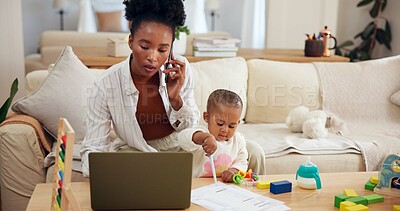 Buy stock photo Phone call, toddler or mother with laptop for remote work,  transaction confirmation or account management. Bookkeeping, parenthood or woman with girl to check statement, drawing or tech for payroll
