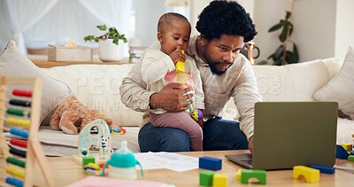 Buy stock photo Review, toddler or father with laptop for remote work, check online transaction or account management. Bookkeeping, childcare or man with girl for digital audit, reading bank statement or multitask