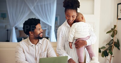 Buy stock photo Happy, parents or child in home with laptop for insurance plan, online research or discussion. Family, baby or people in house with computer for financial security, health cover policy or feedback