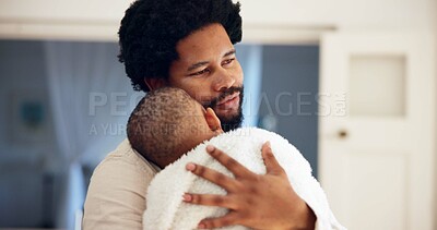 Buy stock photo Home, hug and black father with baby, care and bonding together with love, dad and comfort. African family, apartment and infant with embrace, peaceful and childhood with safety and security