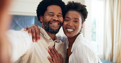Buy stock photo Hug, portrait and selfie with black couple in hotel room together for anniversary or bonding. Photograph, memories and smile of happy African people in bedroom for accommodation or hospitality