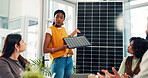 Development, proposal and solar panel with business woman in office for renewable energy initiative. Pitch, presentation and prototype with employee in workplace for photovoltaic power production