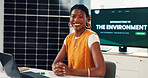 Portrait, black woman and solar panel with laptop in office for career pride, about us and project. Smile, person and pc of environment awareness, green energy presentation and  photovoltaic solution