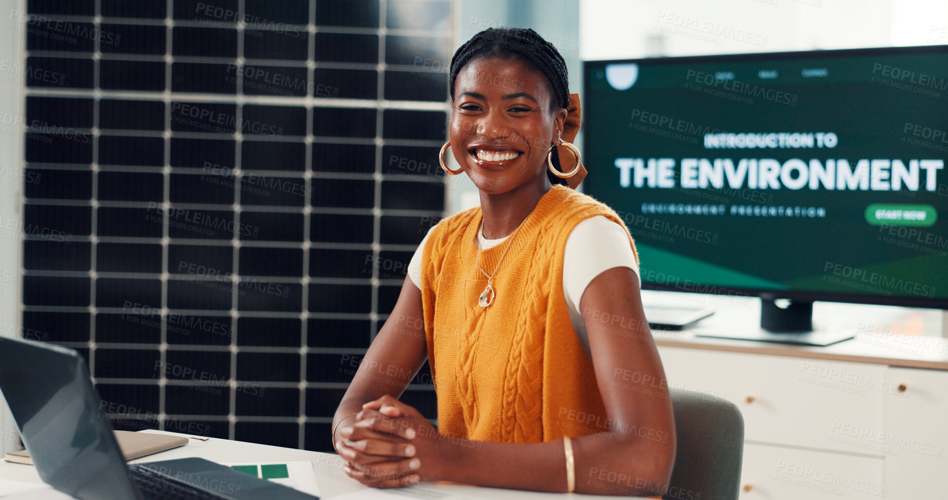 Buy stock photo Portrait, black woman and solar panel with laptop in office for career pride, about us and project. Smile, person and pc of environment awareness, green energy presentation and  photovoltaic solution