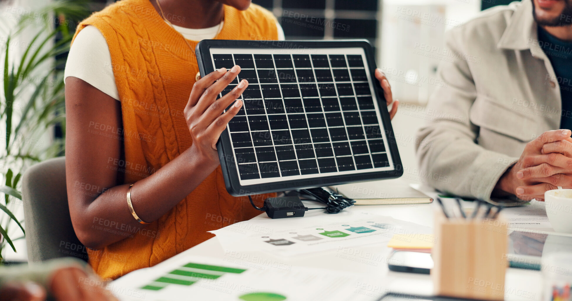 Buy stock photo Hands, presentation and solar panel with business person in office for renewable energy initiative. Pitch, proposal and prototype with employee in workplace for photovoltaic power production