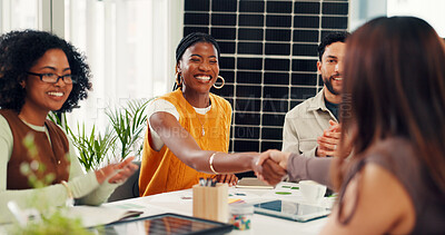 Buy stock photo Solar panel, handshake or team in office with smile, clap or approval of sustainable project. Applause, meeting or investor in agency with success, agreement or deal for photovoltaic development.