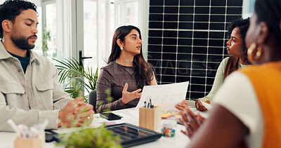 Buy stock photo Woman, group and documents with solar panel at meeting, talk or renewable energy innovation in office. Person, planning and team with sustainability, paperwork or photovoltaic electricity at startup